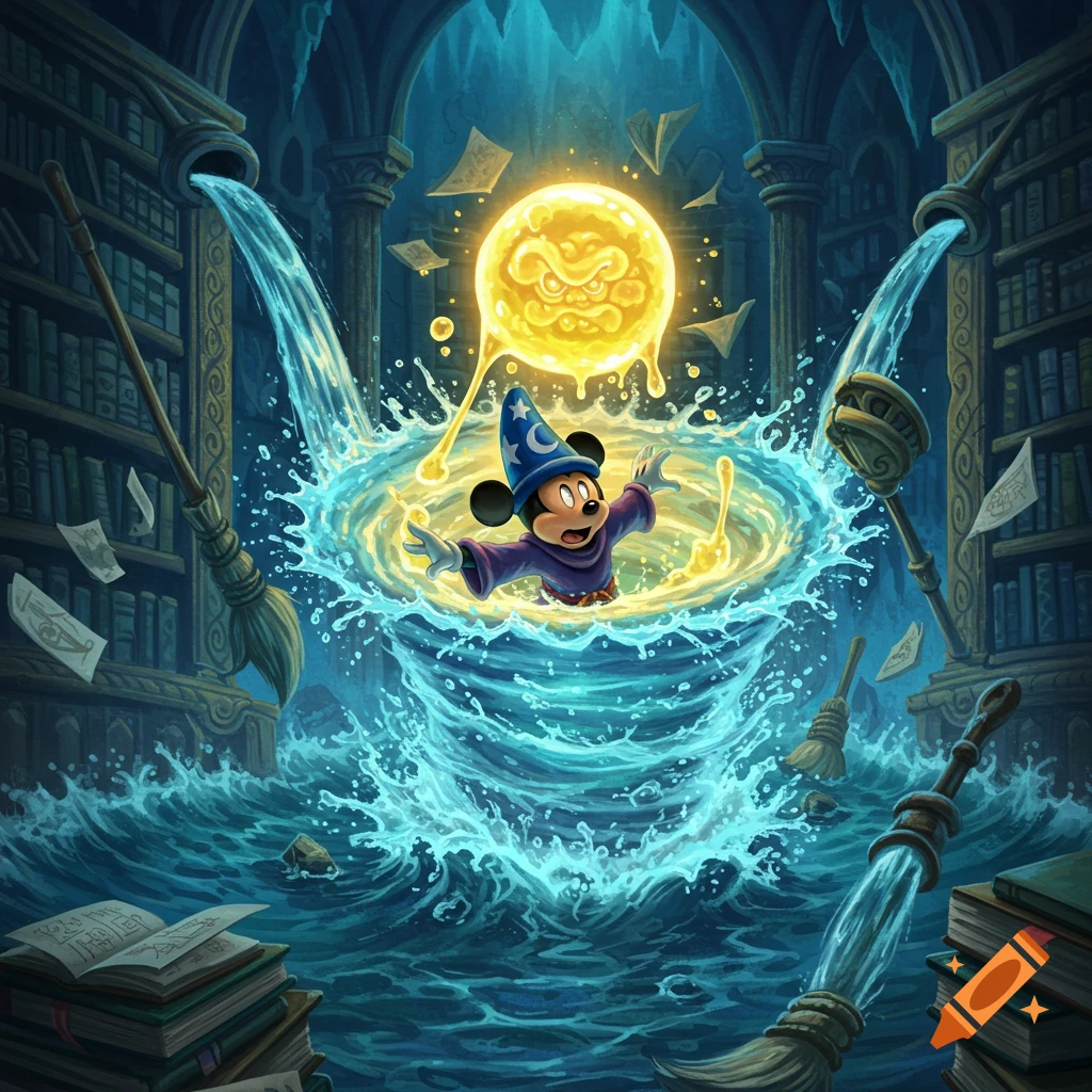 Sorcerer Mickey Mouse is caught in a magical whirlpool in a flooded library, with enchanted brooms and a glowing yellow orb.