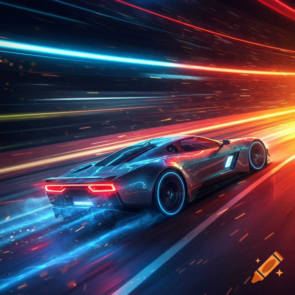 A futuristic car with blue and red neon lights speeds down a road, leaving a trail of motion blur and light streaks.