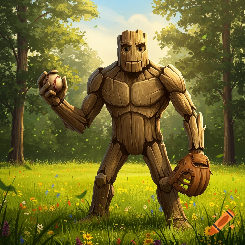 A cartoon fantasy character made of wood resembling Groot stands in a sunny, flower-filled field, holding a baseball and a catcher's mitt.