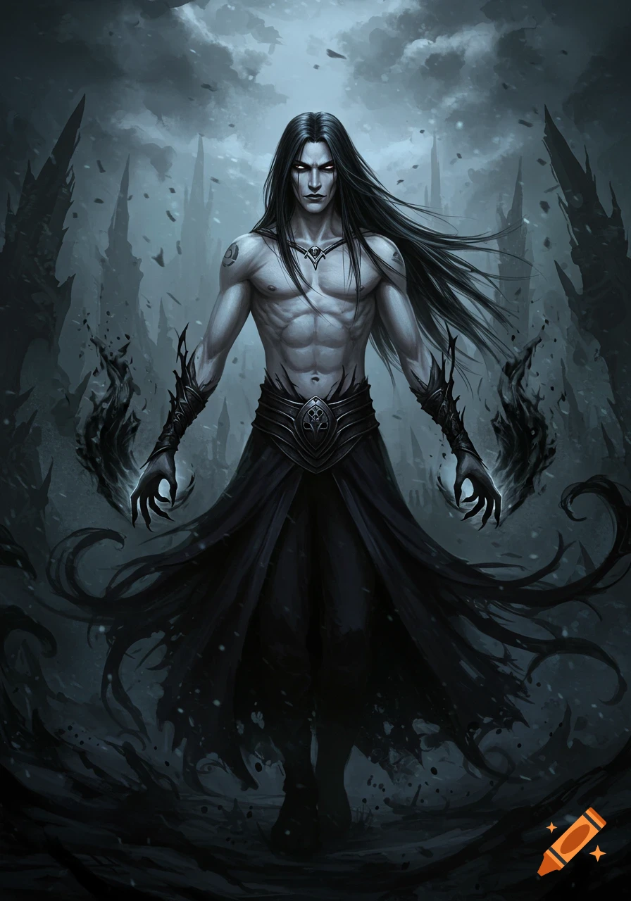 Dark fantasy illustration of a pale sorcerer with long black hair and glowing eyes, bare torso, amidst a ruined landscape.