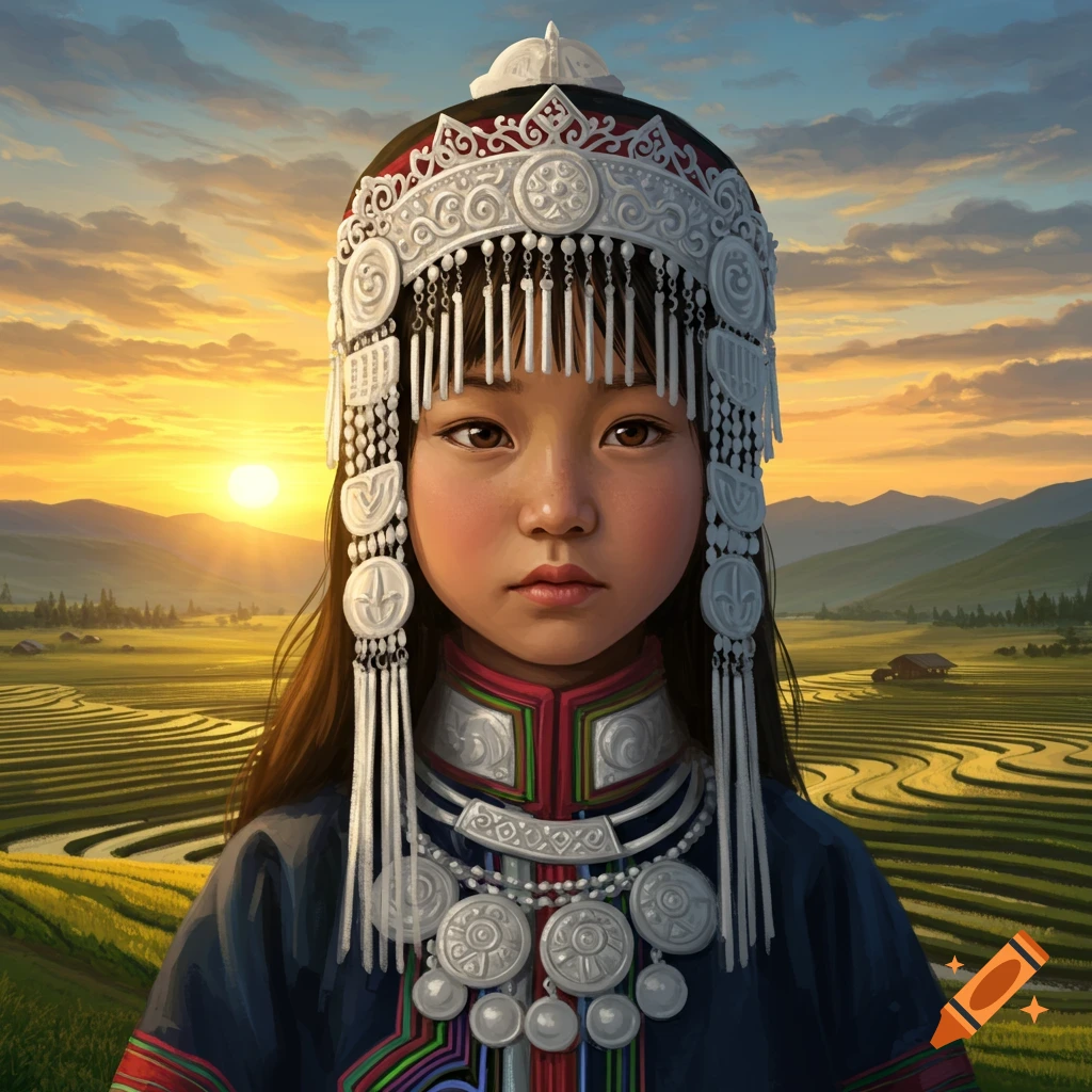 A young girl in intricate traditional Hmong attire stands before terraced fields at sunset, photorealistic.