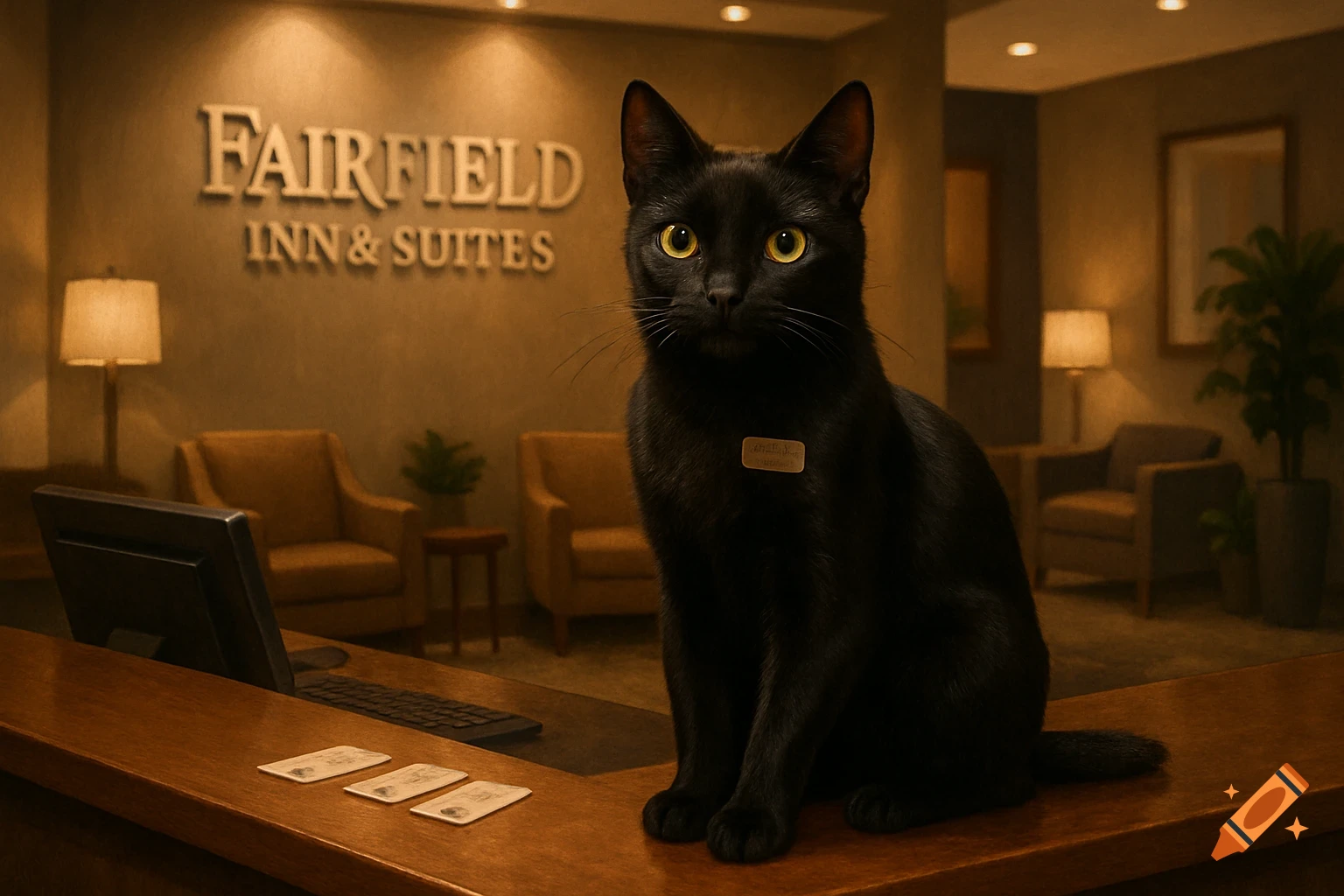 A photorealistic black cat with bright yellow eyes sits on the front desk of a Fairfield Inn & Suites lobby, looking directly at the viewer. The hotel sign is visible on the wall behind it.