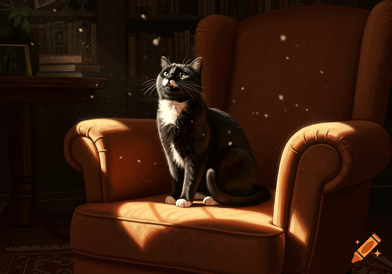 A black cat with white paws and chest sits on an orange armchair in a sunlit room with bookshelves.