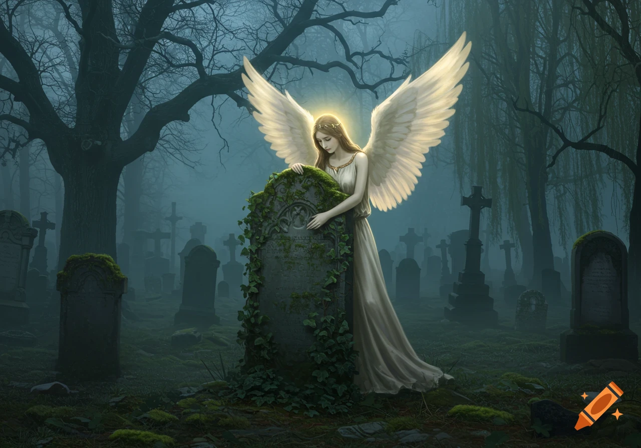 An angel with large white wings embraces an ivy-covered headstone in a foggy, mystical graveyard.