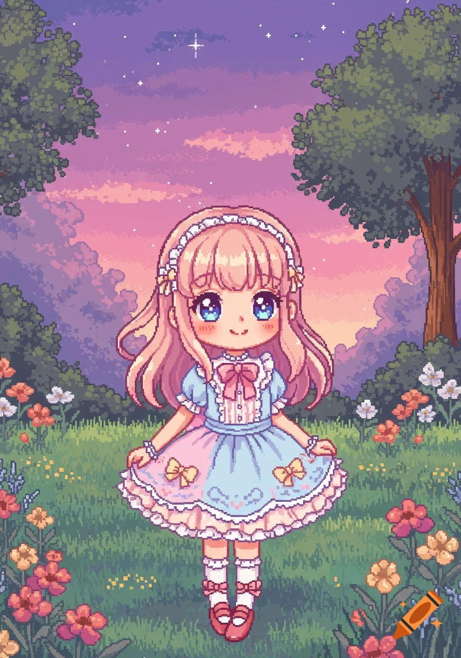 A cute anime girl in a blue and pink dress stands in a pixel art flowery field under a pastel sky.
