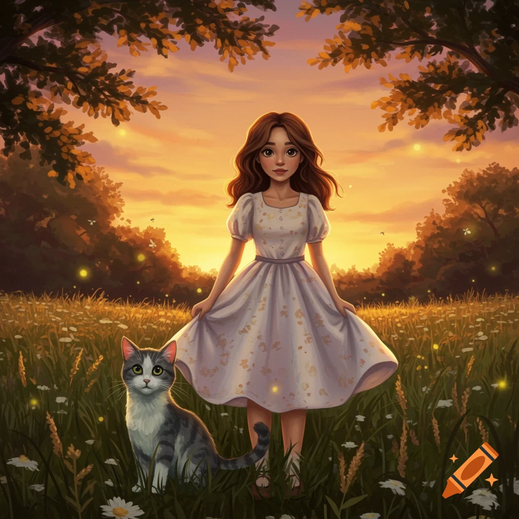 A whimsical illustration of a young girl and a grey cat in a sunlit field of wildflowers at sunset.