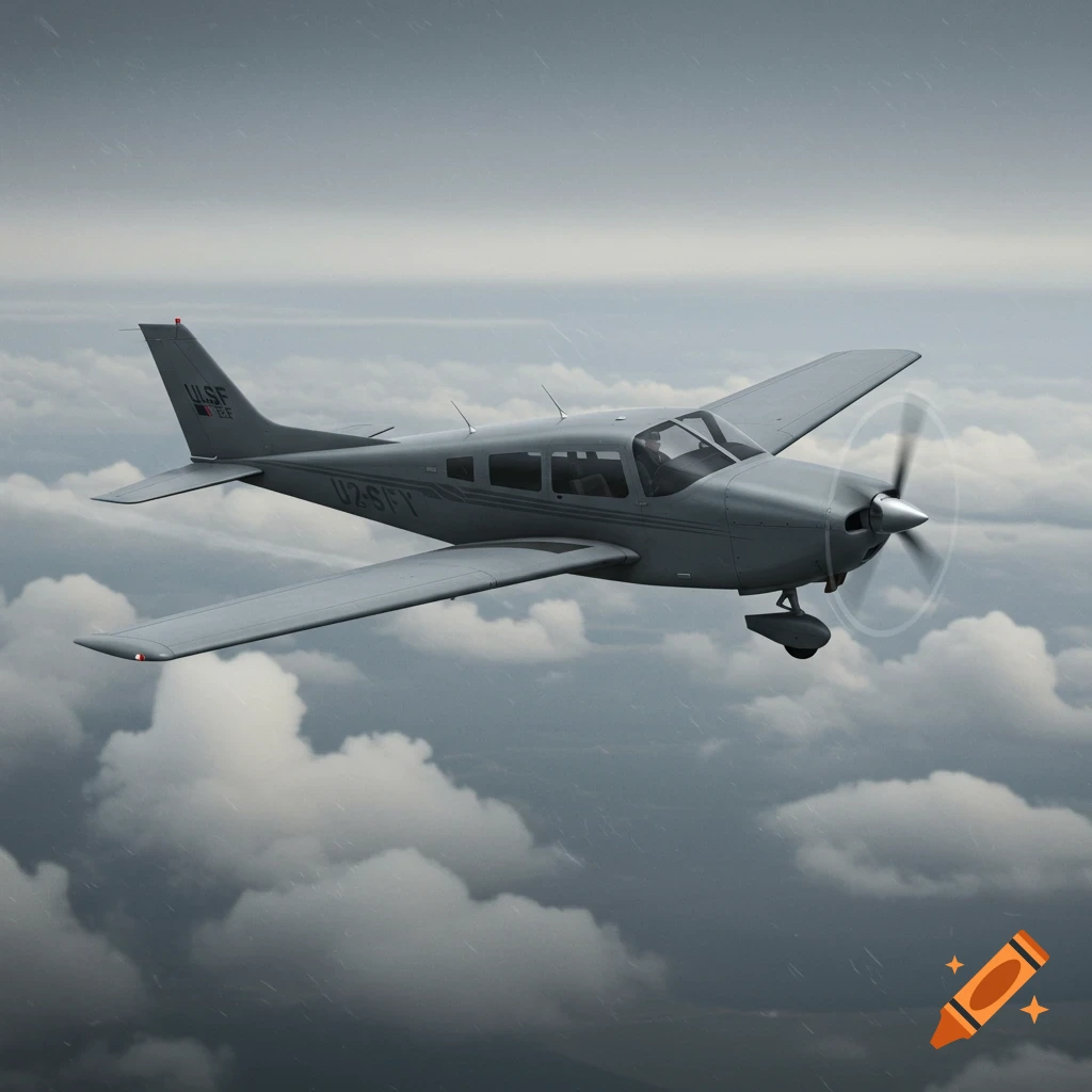 A grey Cessna C-172 airplane flying through a cloudy, rainy sky.