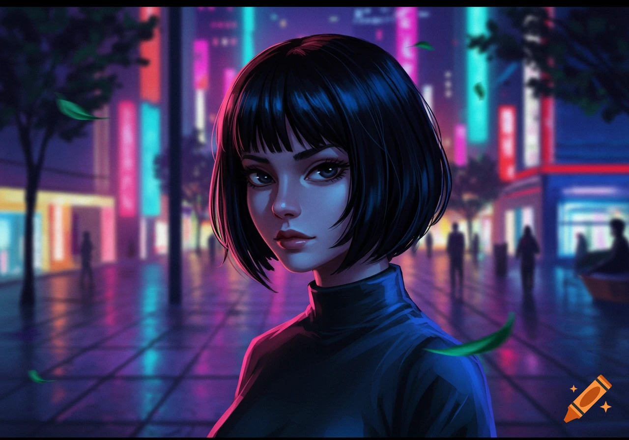 A digital art portrait of a woman with short dark hair in a neon-lit cyberpunk city at night.