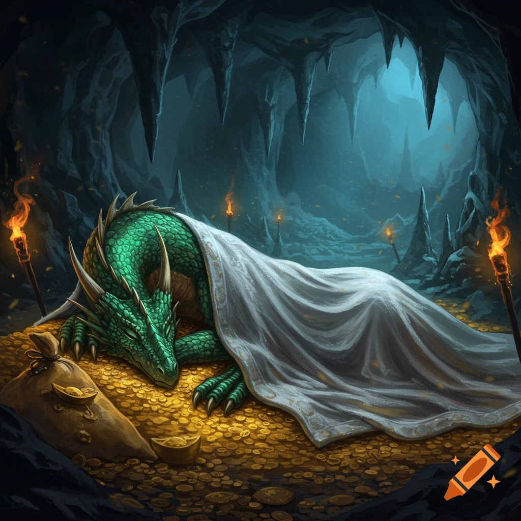 A green dragon sleeps on a pile of gold coins in a dark cave, partly covered by a white blanket.