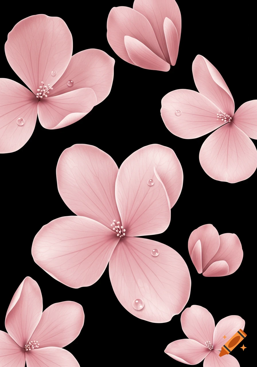 Pale pink flowers with water droplets on a black background, in a wallpaper style.