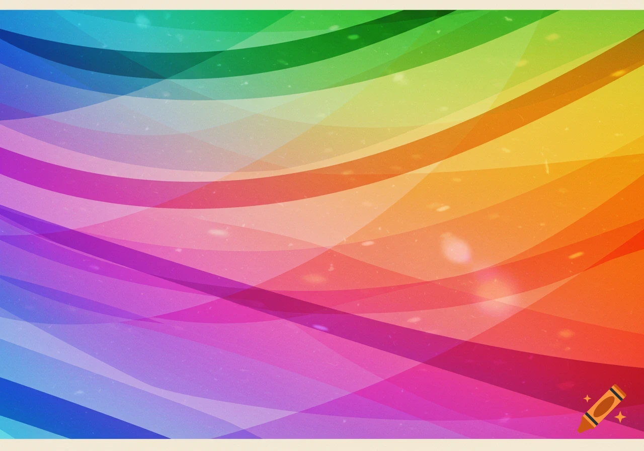 Abstract background with overlapping, wavy bands of rainbow colors creating a gradient.