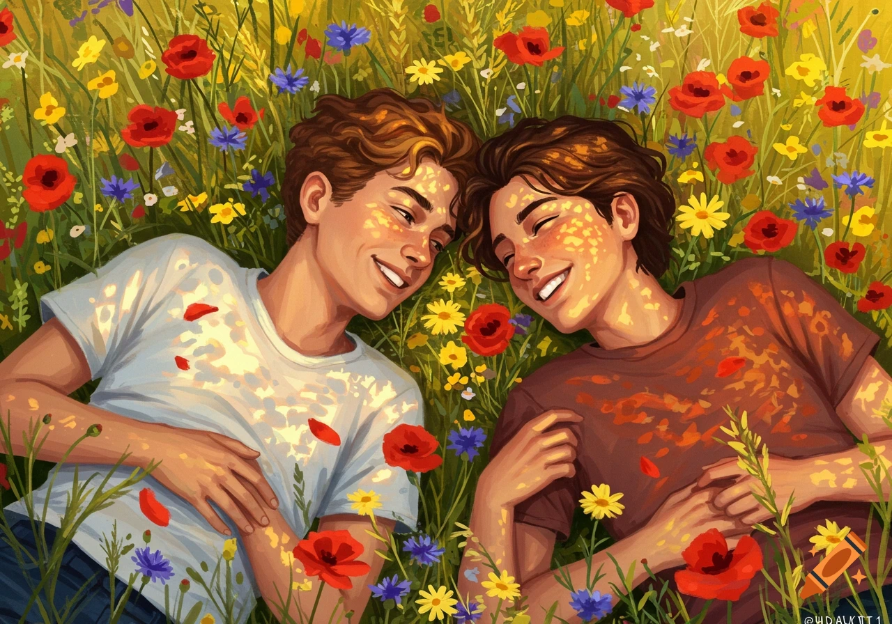Two smiling young people lie in a colorful flower field, looking at each other. Illustrated.