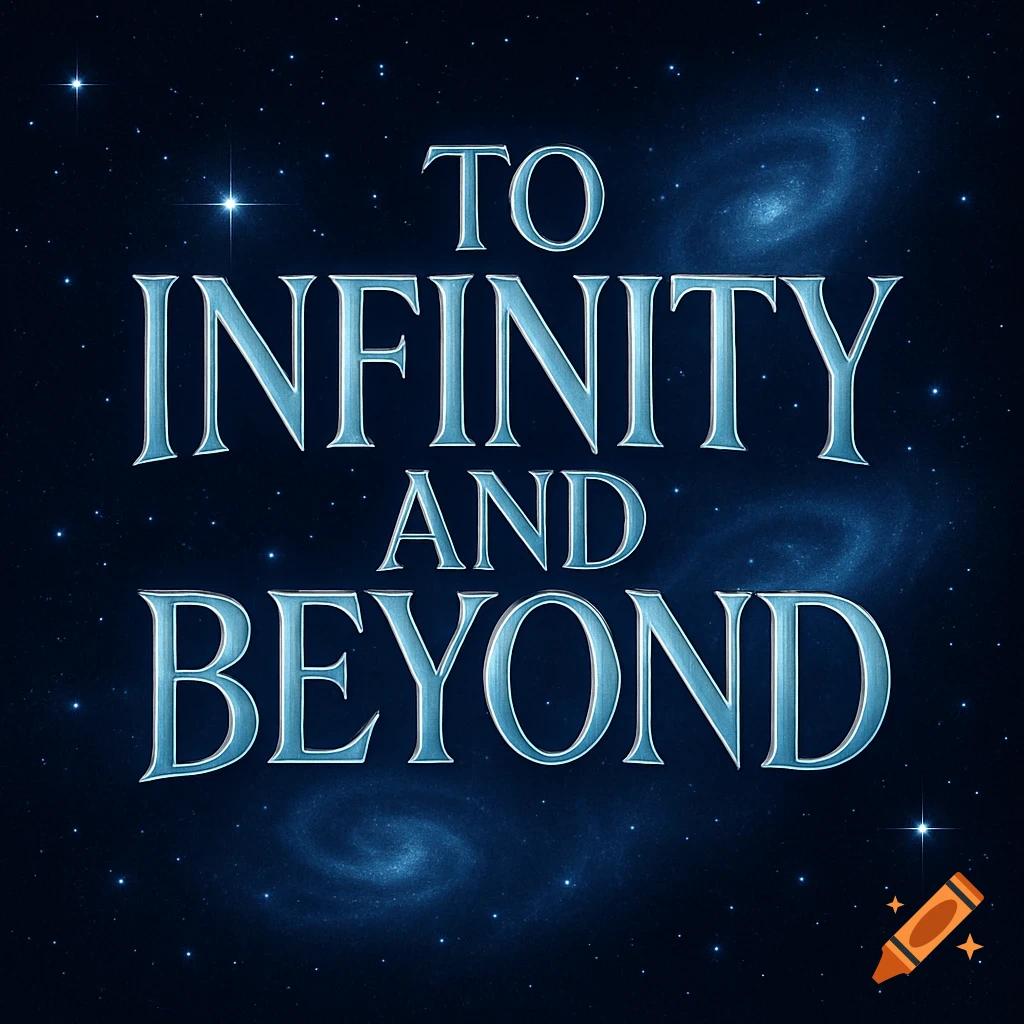 Blue metallic text 'To Infinity and Beyond' against a starry dark blue galaxy background.