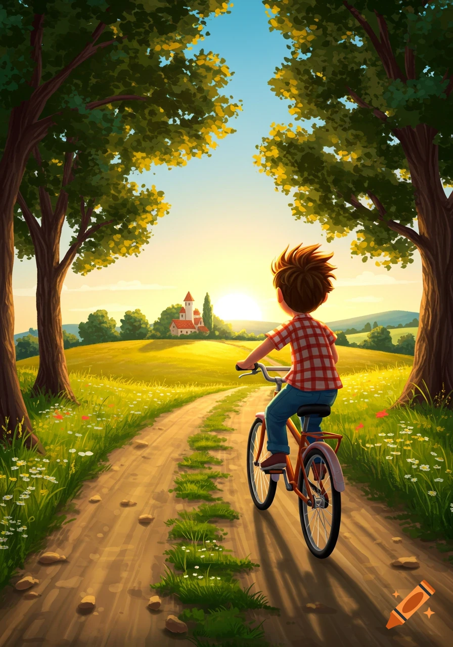 Illustration of a young boy riding a bike down a dirt path through a sunny field at sunset, with trees and a building in the distance.