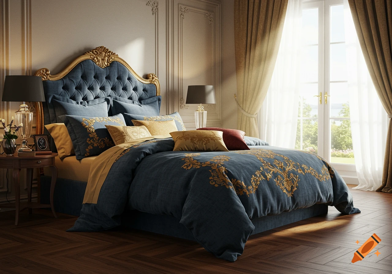 Luxurious bedroom with a blue and gold ornate bed, elegant headboard, and large windows with curtains, in a photorealistic style.