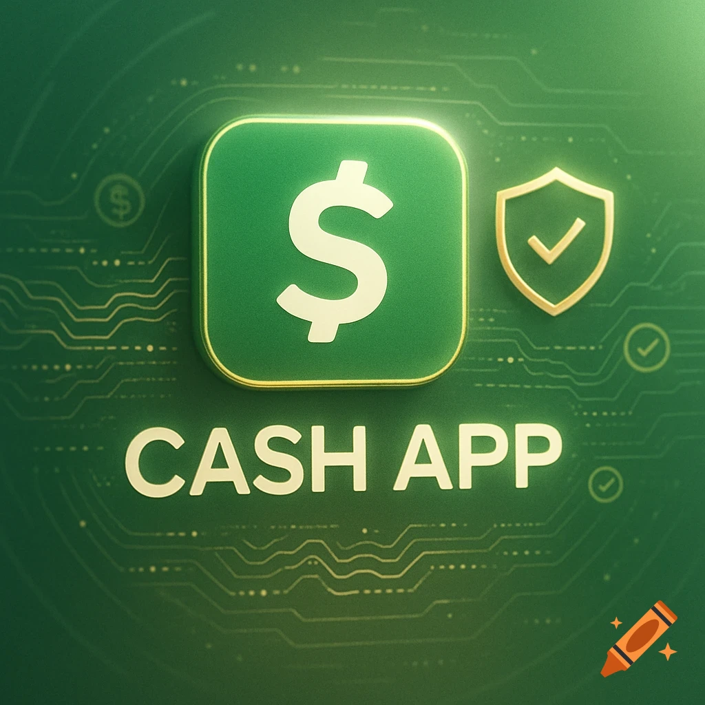 A prominent green Cash App logo with a white dollar sign, accompanied by a gold shield with a checkmark, on a green circuit board background.