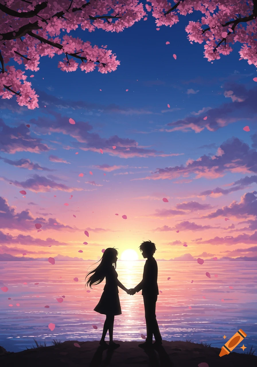 Anime-style silhouette of a couple holding hands at sunset by the ocean, framed by pink cherry blossoms.