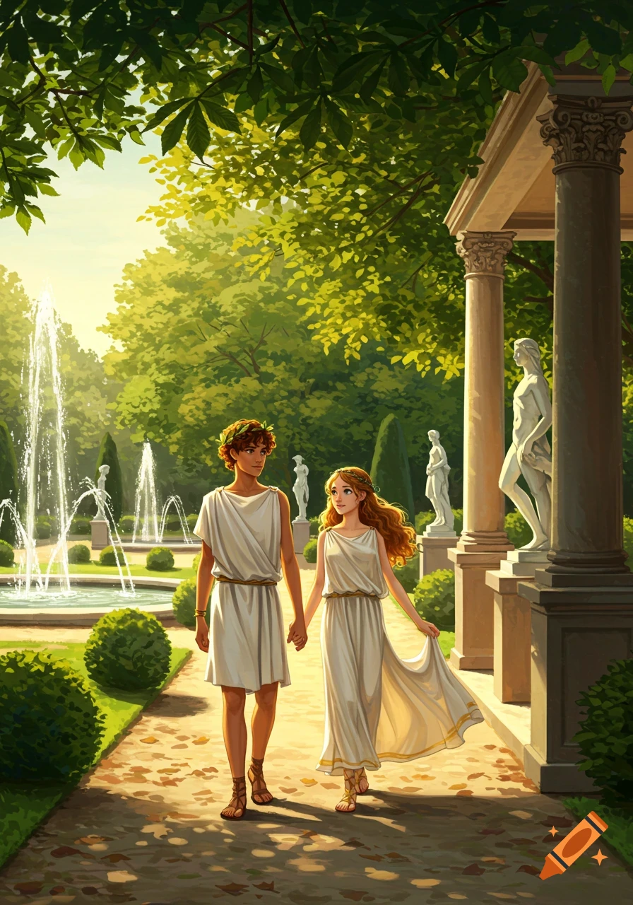 An illustration of a young man and woman in classical Greek attire walking hand-in-hand through a sunlit garden with fountains and statues.