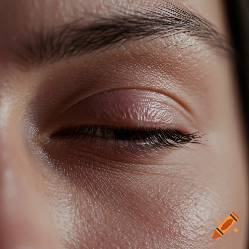 Close-up photorealistic image of a closed human eye with visible skin texture and eyelashes.