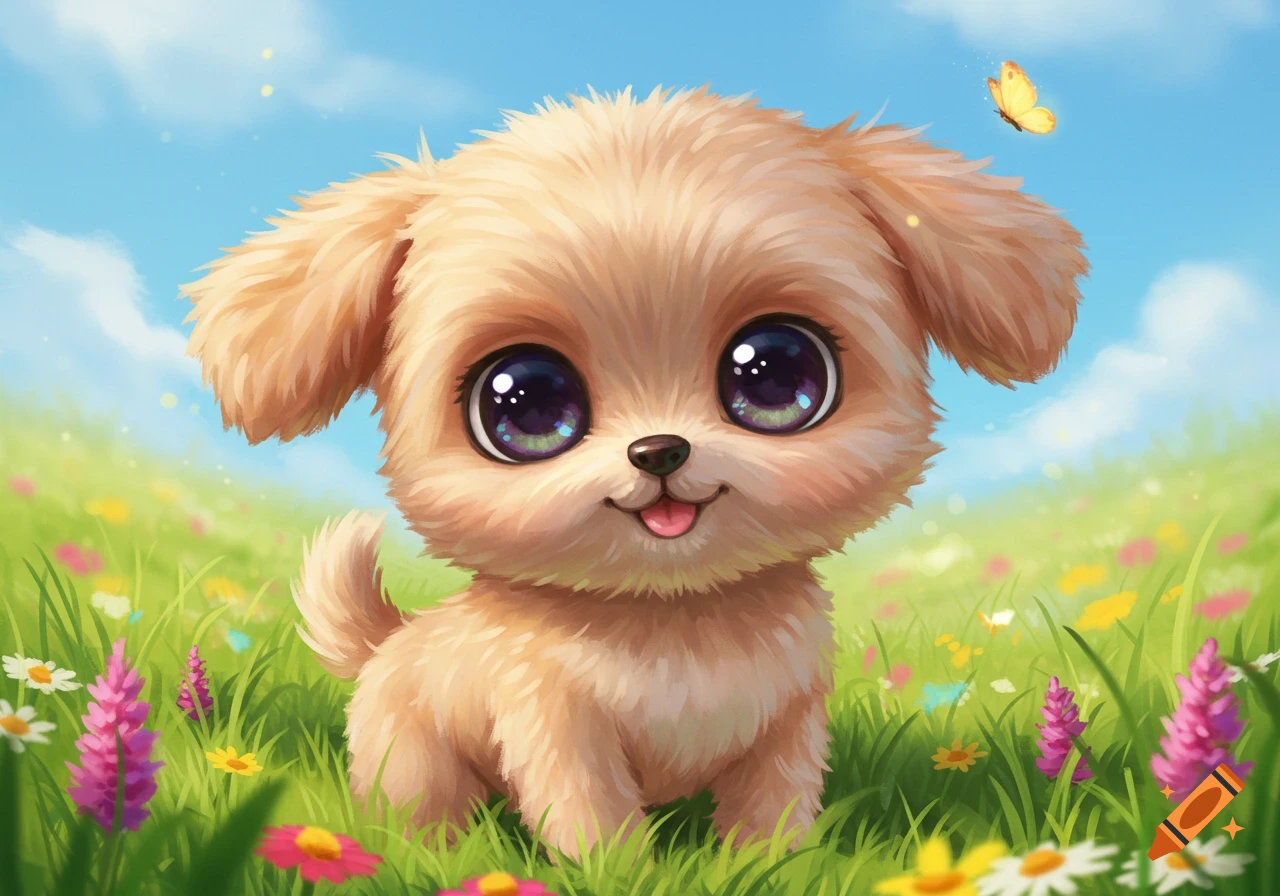 A cute, fluffy cartoon puppy with big eyes sits in a field of colorful wildflowers under a blue sky with a butterfly.