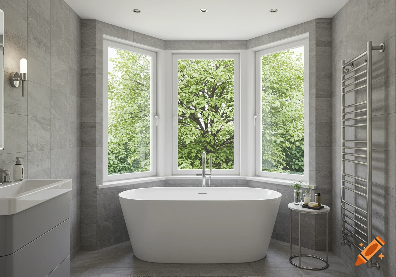 A modern bathroom with grey tiled walls, a large bay window, and a freestanding white bathtub looking out onto green trees.