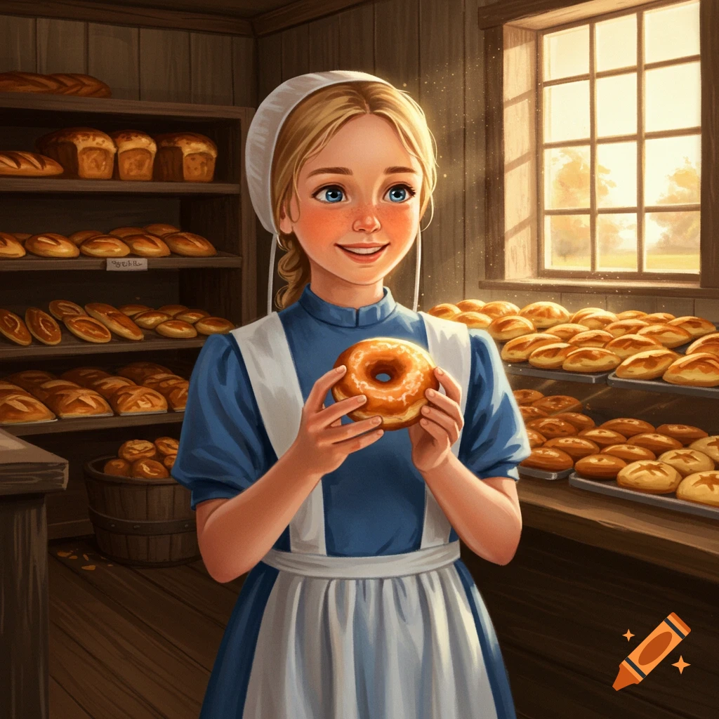 An Amish girl with blonde hair in a blue dress and white apron holds a glazed donut in a rustic bakery filled with bread on shelves.