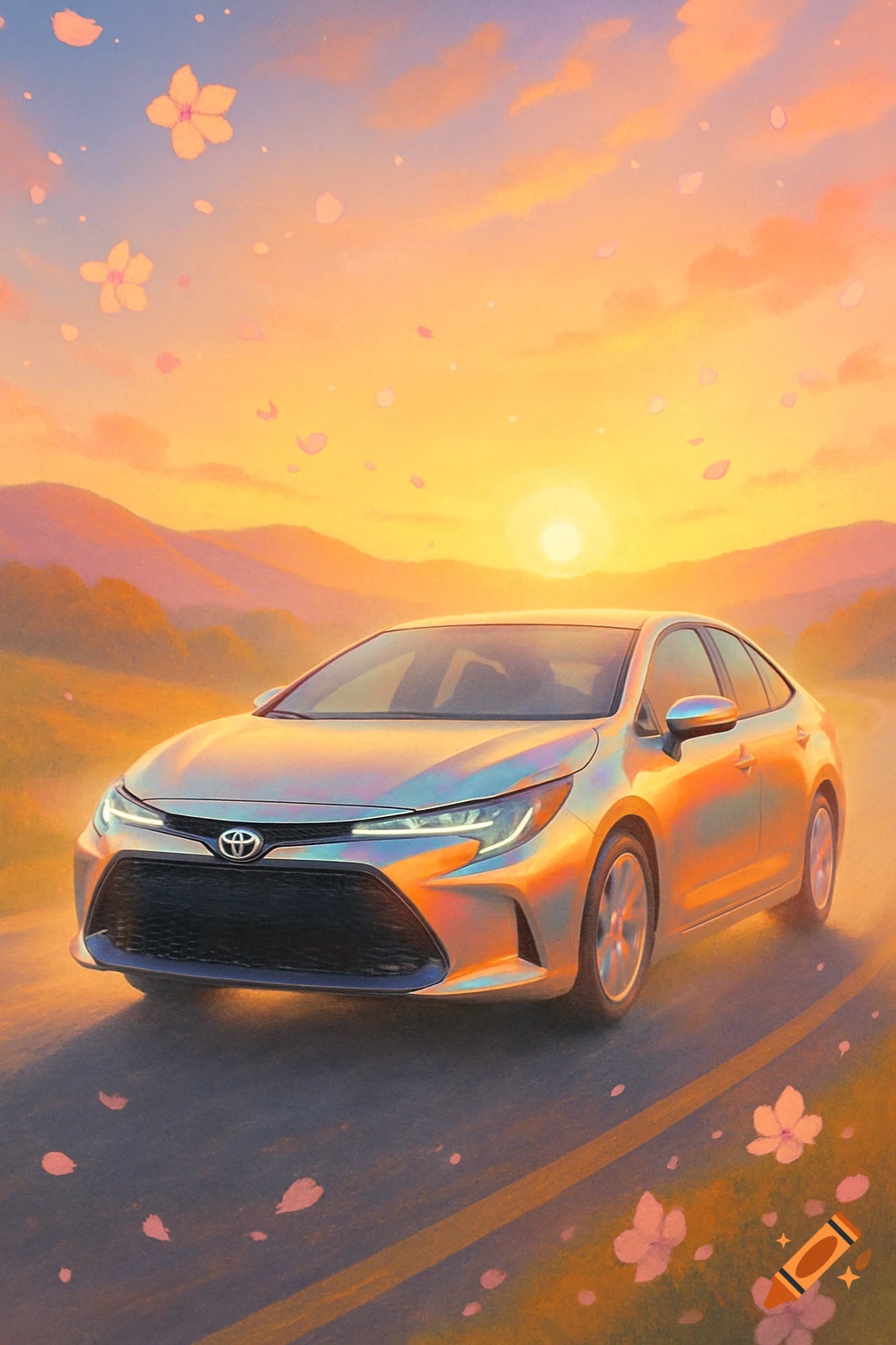 A silver Toyota sedan drives on a road through a scenic, colorful sunset landscape with falling cherry blossoms in an illustrated style.