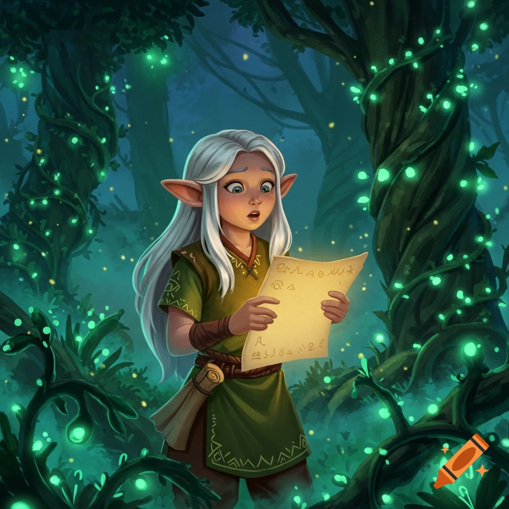 A wide-eyed elf-child with white hair looks surprised while reading a glowing scroll in a magical forest with luminous plants.