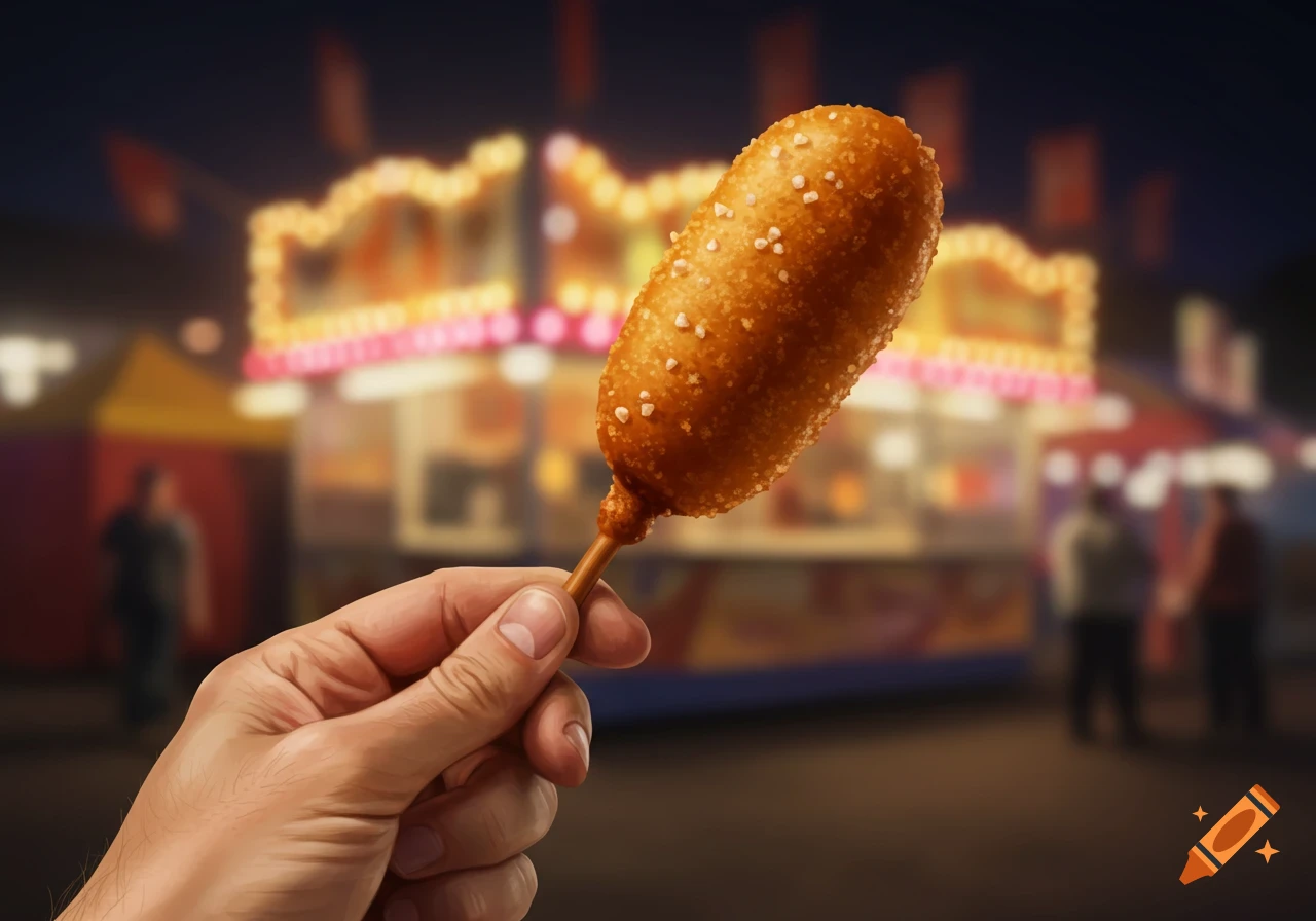 A photorealistic image of a hand holding a corndog on a stick at a night carnival.