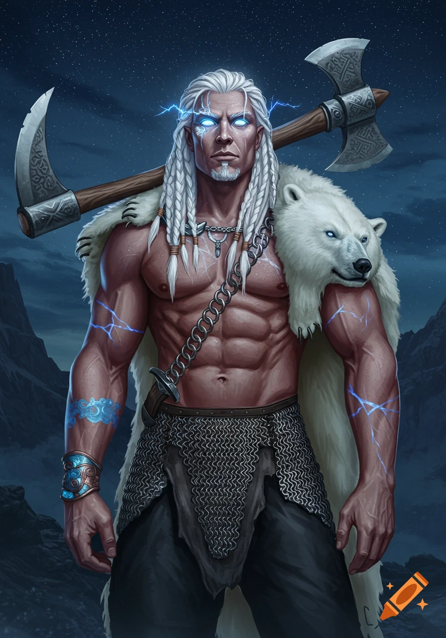 A tall, muscular fantasy warrior with white braided hair, glowing blue eyes, and lightning effects, clad in chainmail and a polar bear fur, holding a battle axe.