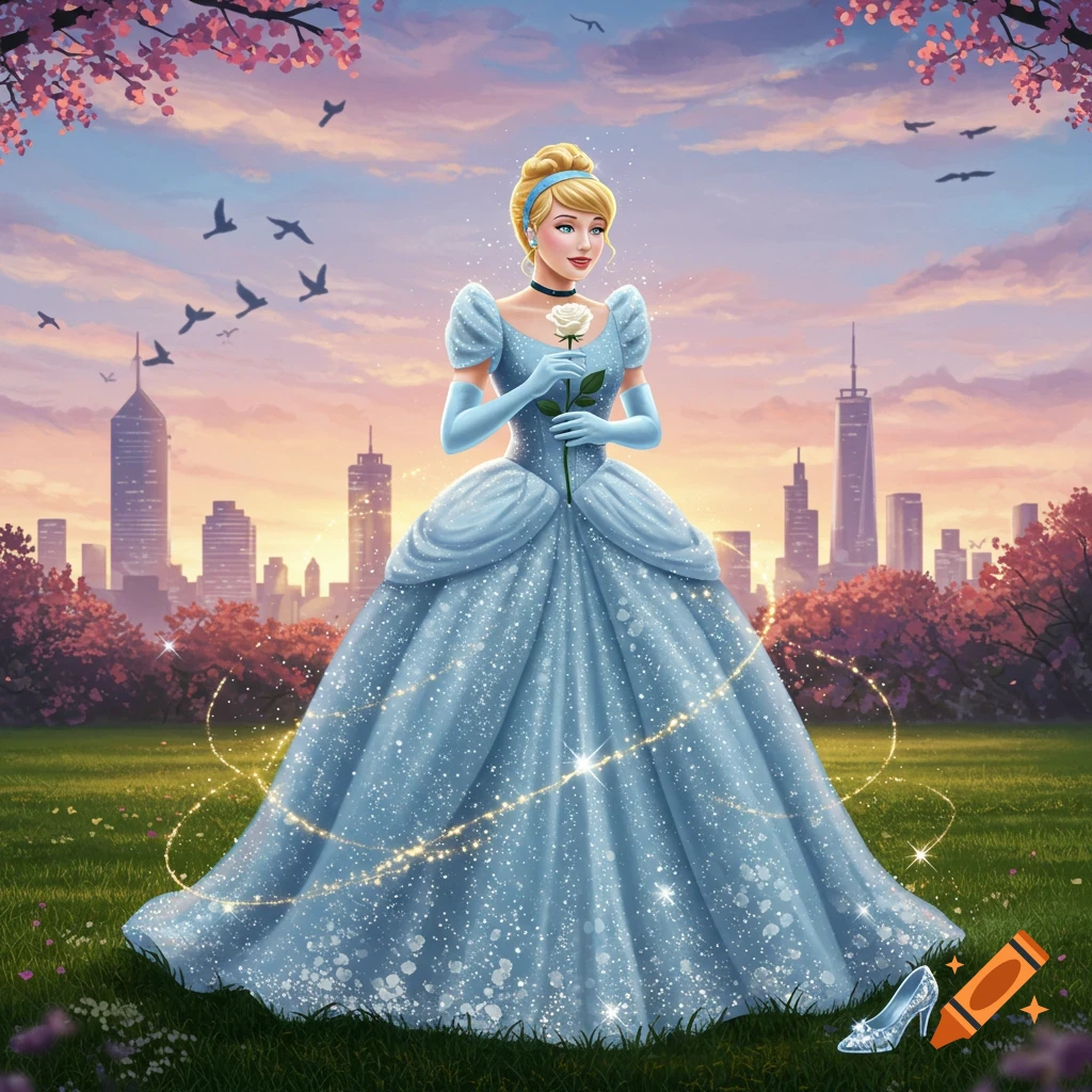 Cinderella in a sparkling blue gown holds a white rose in a vibrant park with a city skyline at sunset, a glass slipper on the grass.