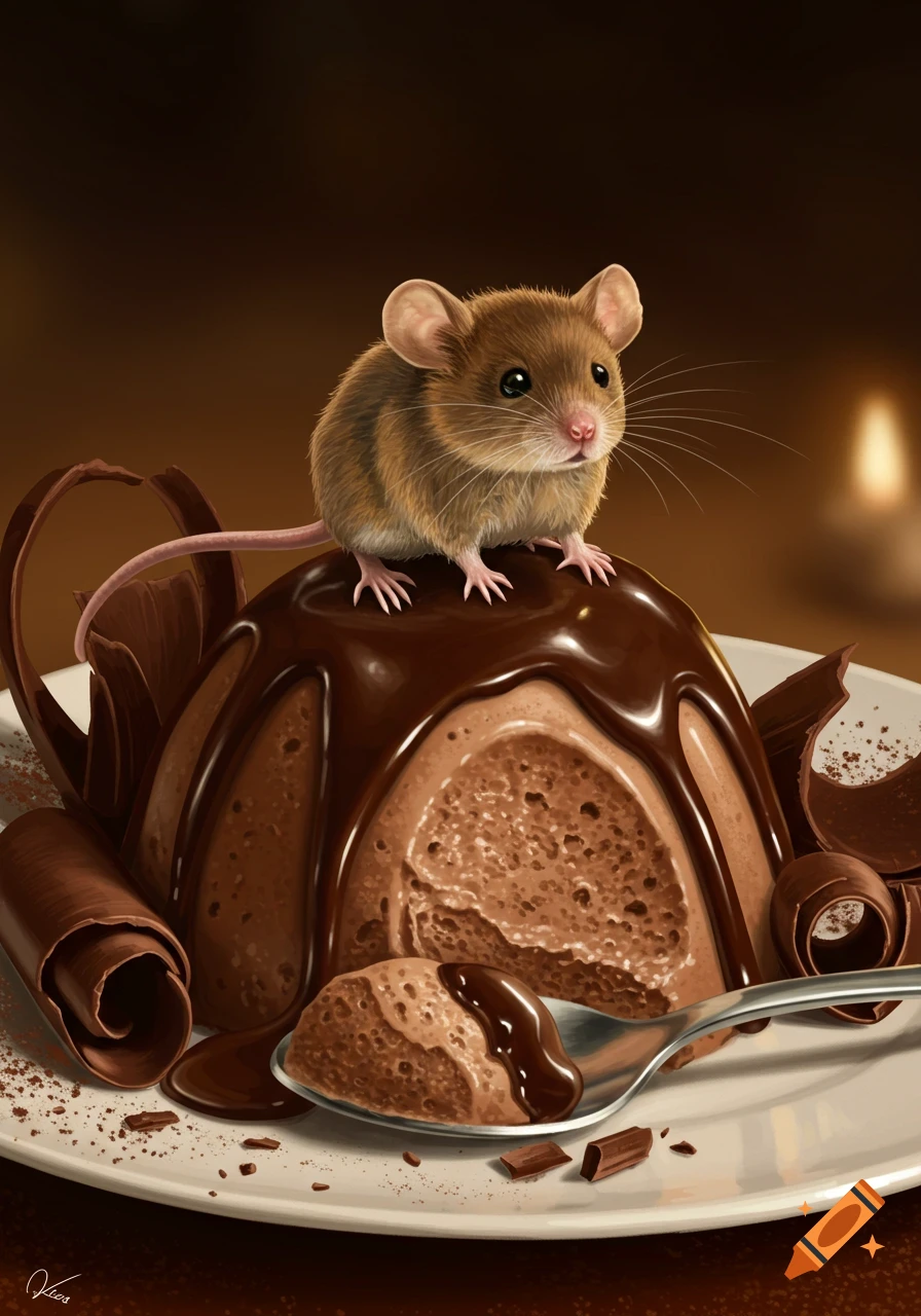 A cute brown mouse perched on top of a delicious chocolate mousse dessert, drizzled with chocolate syrup, on a white plate.