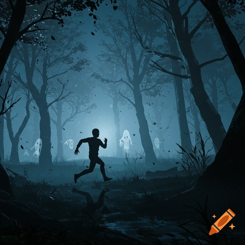 A silhouetted person runs through a dark, misty forest, pursued by multiple white, sheet-like ghosts. The scene is illuminated by an eerie blue glow.