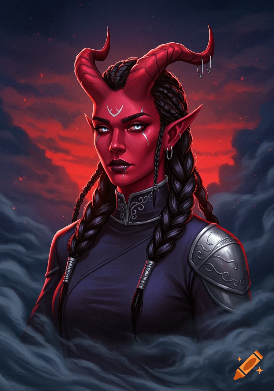 A digital art portrait of a red-skinned tiefling woman with braided black hair, horns, and glowing white eyes, against a stormy red sky.