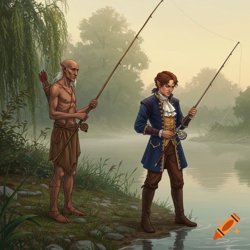 An old elf and a younger elf in ornate clothing fish by a misty river at dawn in a fantasy illustration.