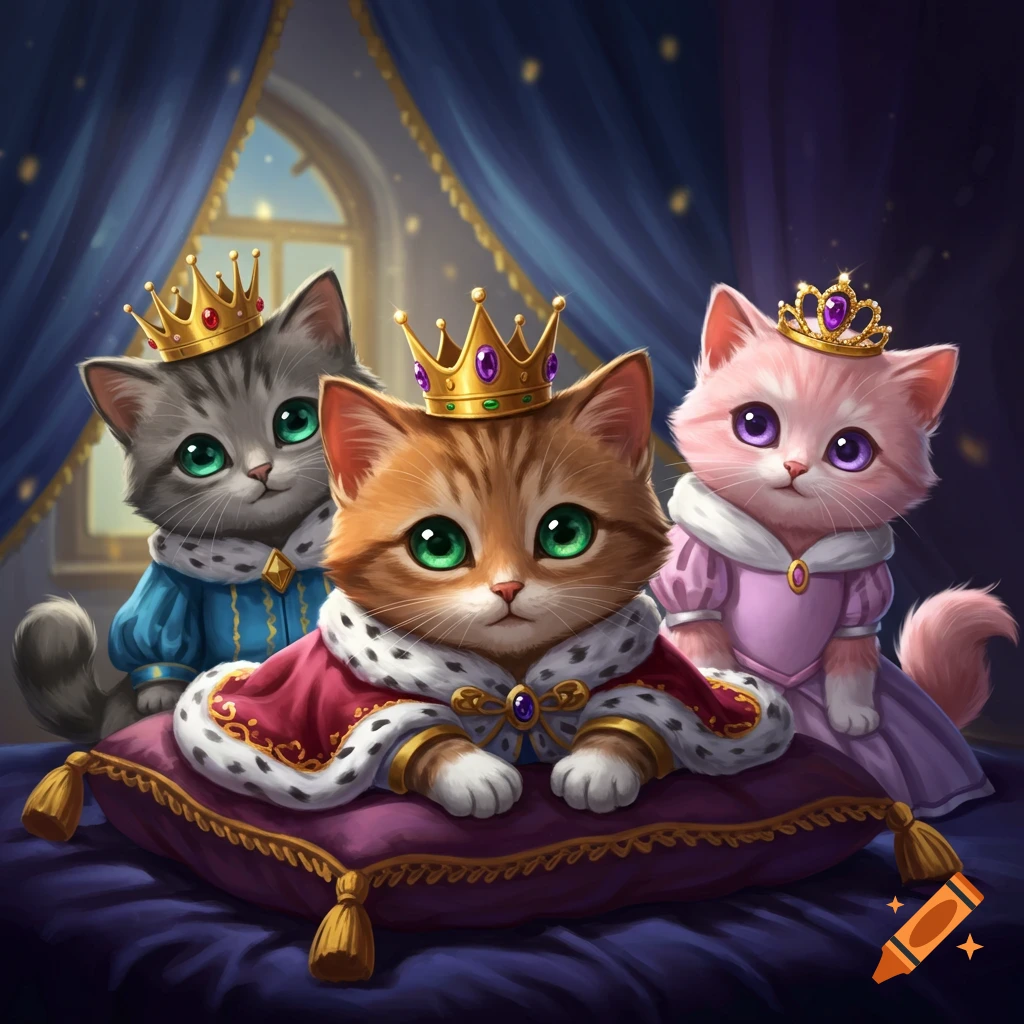 Three cute kittens in royal robes and crowns sit on a purple pillow in a regal room, in an illustrative style.