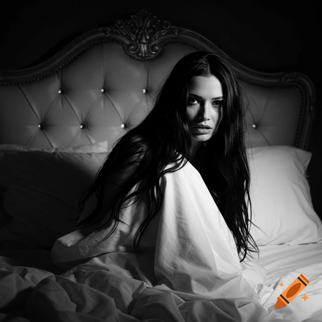 Black and white photo of a woman with long dark hair sitting up in bed, covered by a white sheet, looking scared.