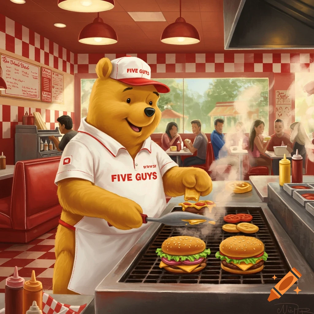 Winnie the Pooh in a Five Guys uniform, including a hat and apron, grilling burgers in a Five Guys restaurant kitchen. Customers are visible in the background.
