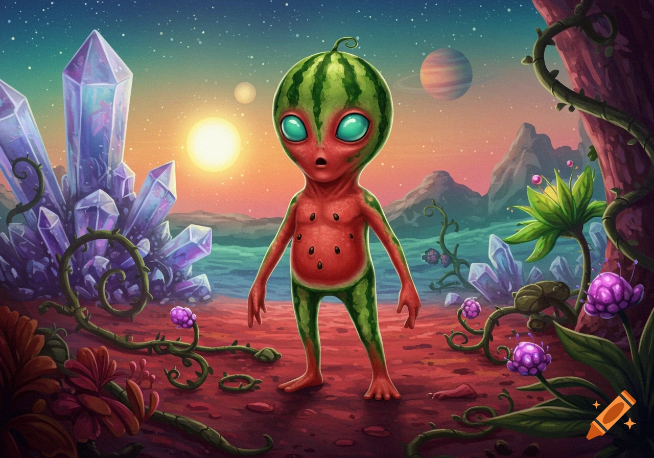 A cartoonish humanoid watermelon alien with large blue eyes stands in a vibrant alien landscape with large purple crystals, strange plants, and planets in the sky at sunset.