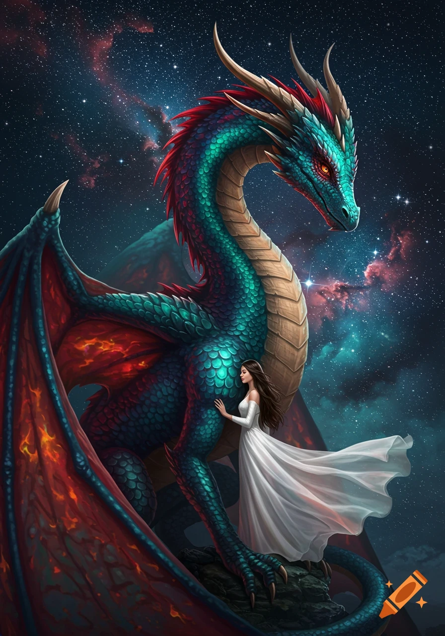 A large, teal and red dragon with glowing eyes, wings wrapped around a woman in a white dress, against a starry night sky.