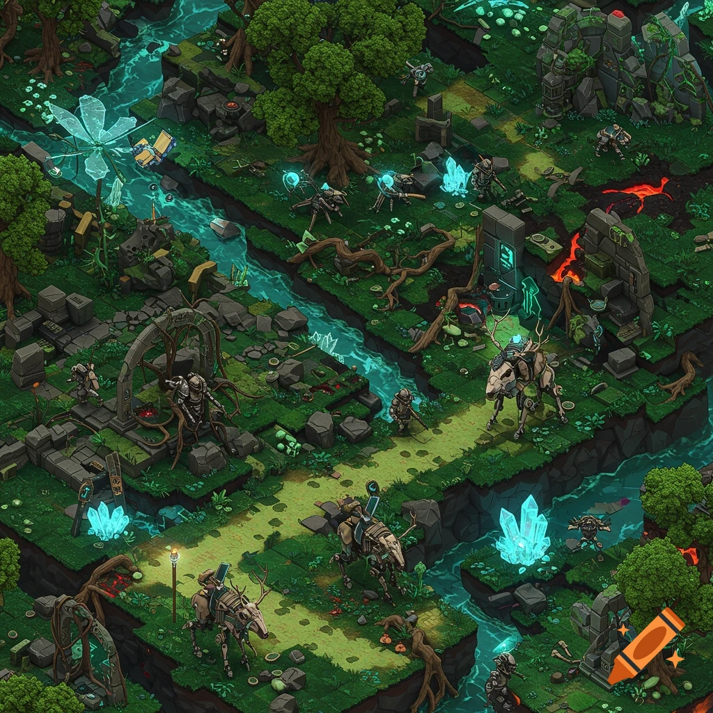 Isometric view of a lush alien world with a glowing blue river, ancient ruins, and various robotic creatures in a sci-fi fantasy style.