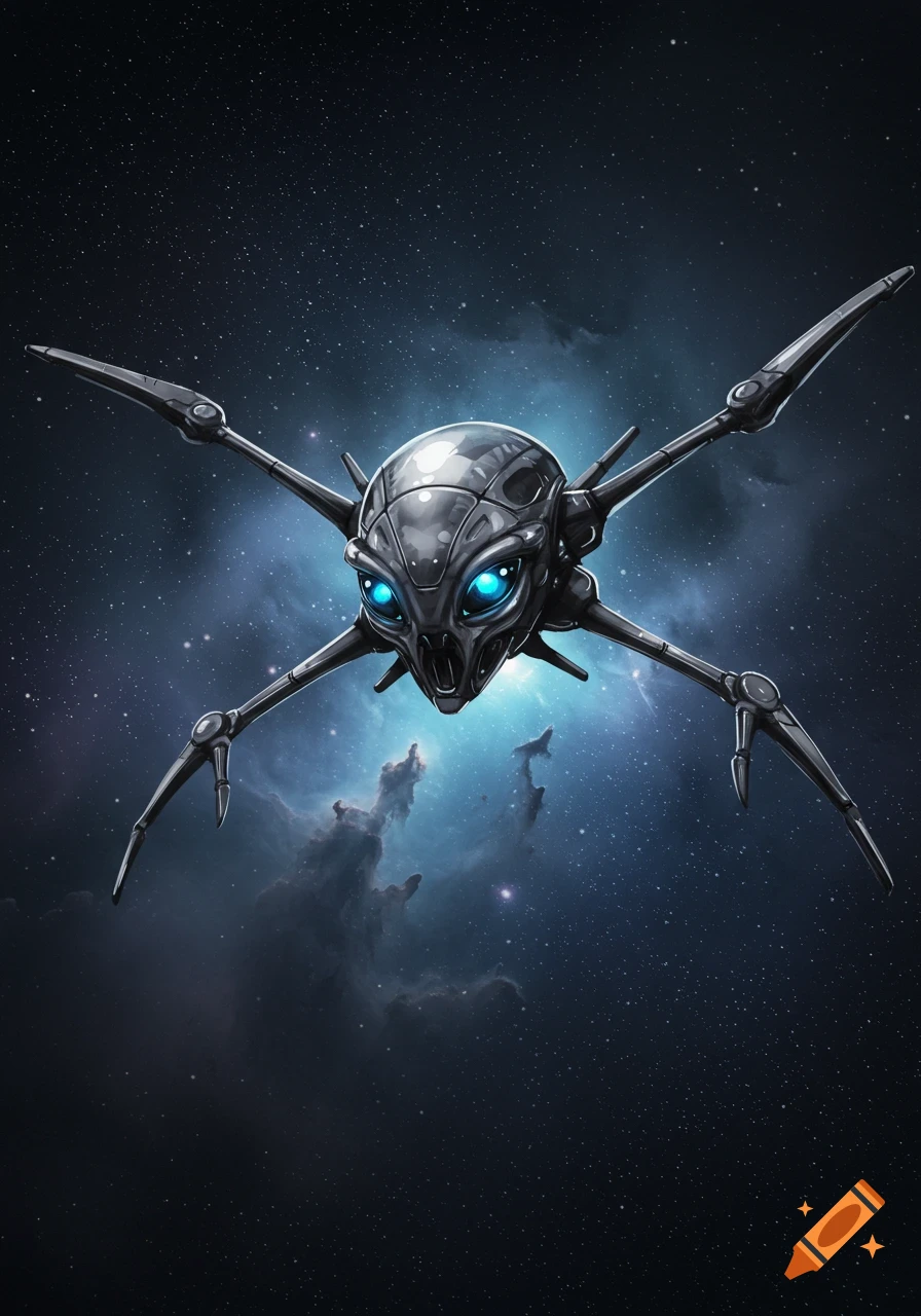 A detailed metallic alien drone with glowing blue eyes hovers in deep space amidst a blue nebula and stars.