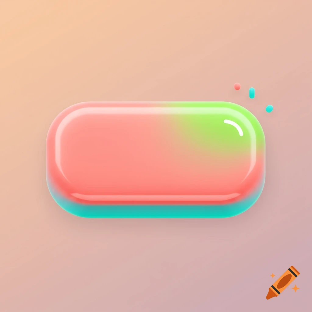 A glossy, rounded rectangular button with a pink, red, and green gradient, set against a light peach background.