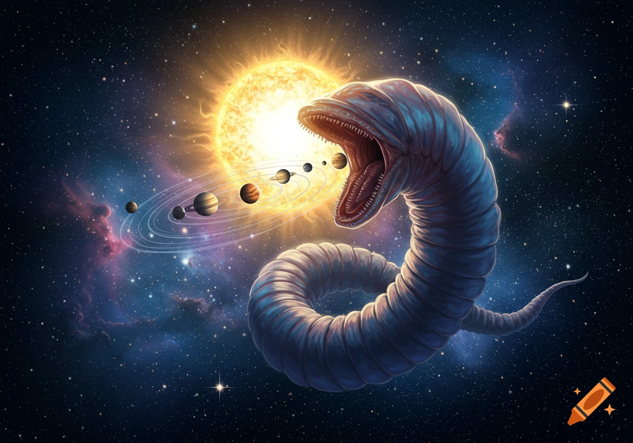 A giant worm-like creature devouring a sun and planets in a cosmic, star-filled galaxy.
