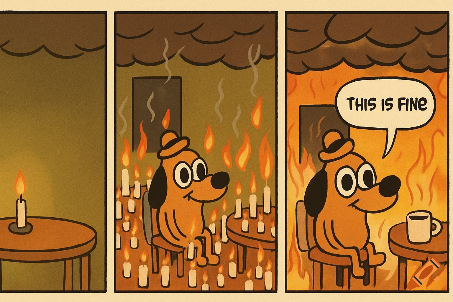 A three-panel comic. Panel 1: A lit candle. Panel 2: A dog smiles amid many candles and smoke. Panel 3: The room is on fire, dog says, "THIS IS FINE"