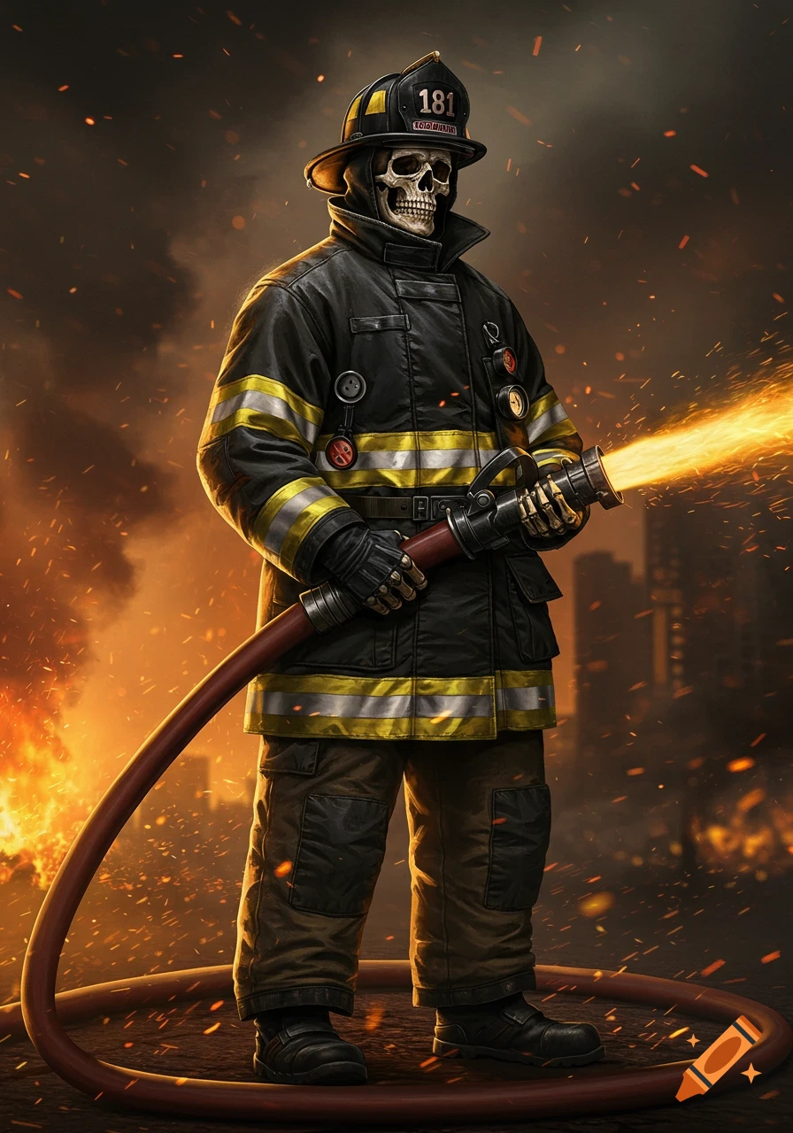 A skeleton firefighter in black turnouts and a helmet with '181' on it, holding a firehose that sprays bright orange fire, amidst a fiery backdrop.