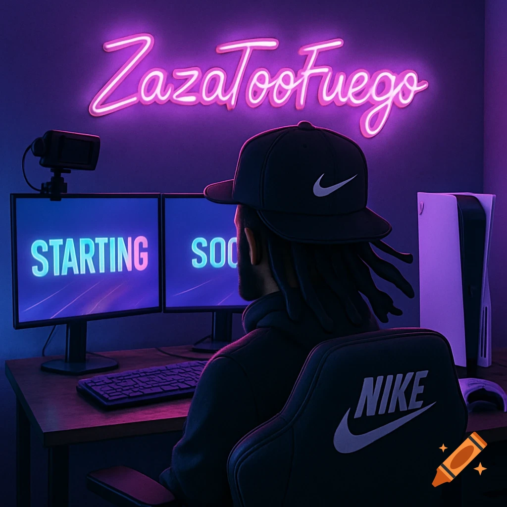 A person with dreadlocks and a Nike hat sits at a desk with two monitors, a PlayStation 5, and a Nike chair, under a neon sign that reads "ZazaTooFuego" in a purple-lit room. One monitor shows "STARTING" and the other "SOO."