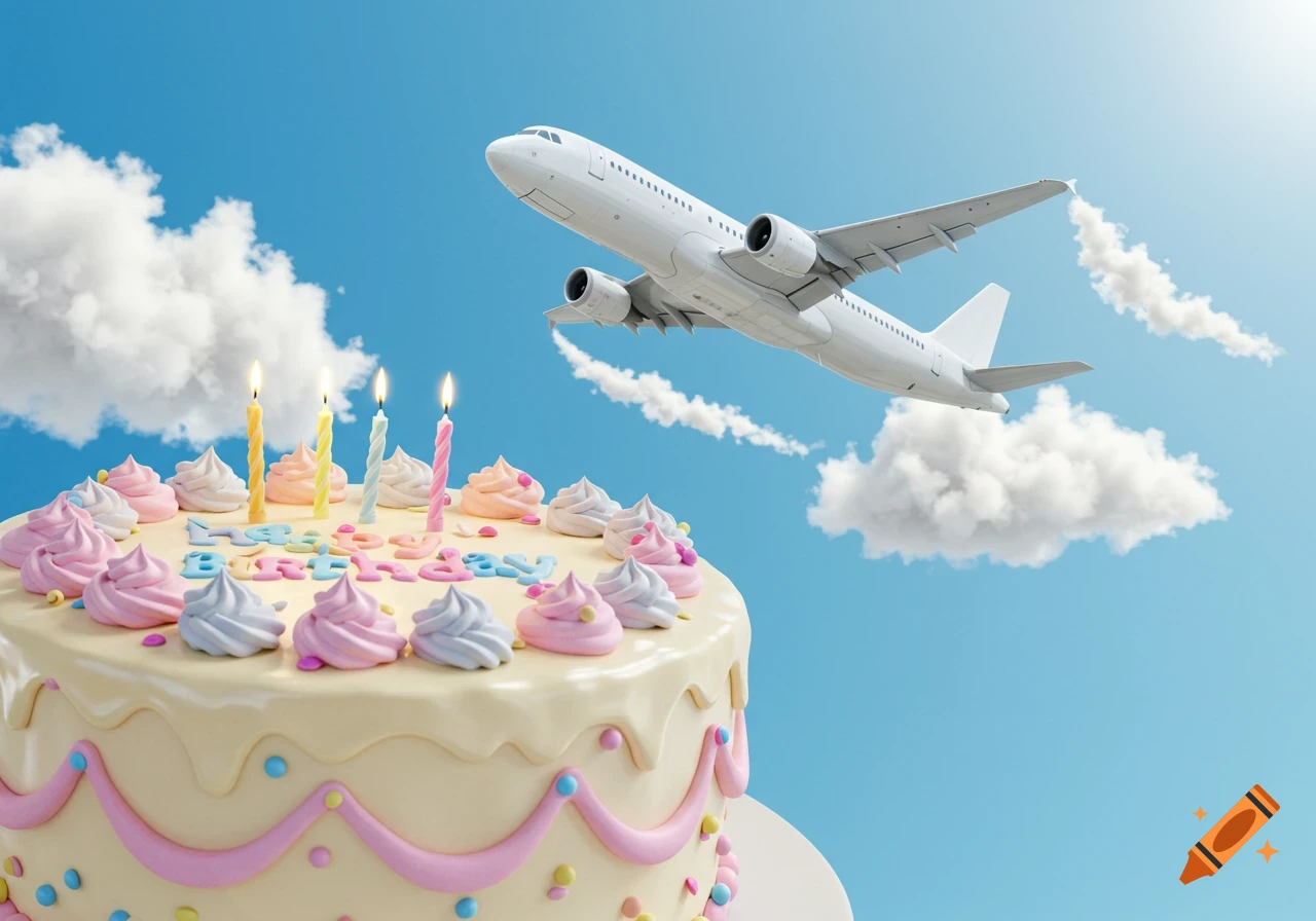 A hyperrealistic birthday cake with candles and colorful frosting, featuring 'Happy Birthday' text, with a white commercial jet flying above it in a blue sky with clouds.
