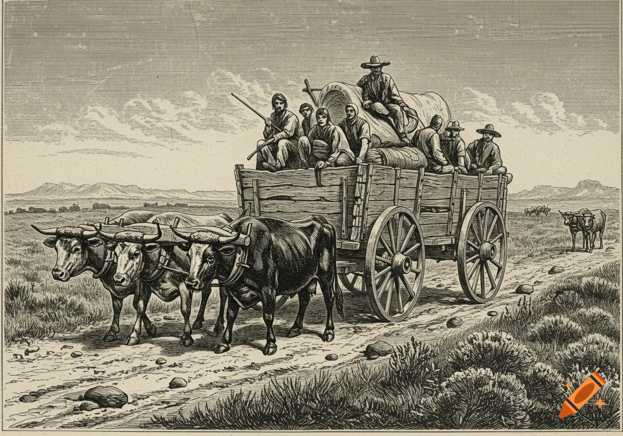 A black and white engraving of pioneers in an ox-drawn wagon traveling across a plains landscape.