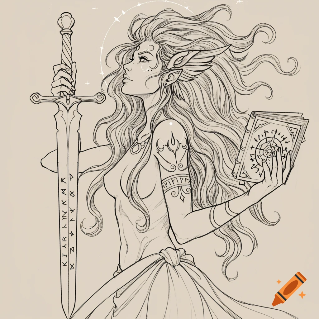 A line art drawing of an elf or goddess figure with flowing hair, holding a sword with runes and a book with magical symbols.